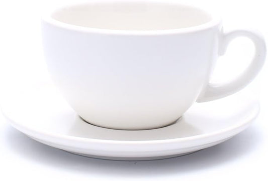 Latte Art Cup and Saucer for Cappuccino and Manual Brew Coffee, New Bone China, Mate for Coffee Shop and Barista (Matte White, 8.5 oz)