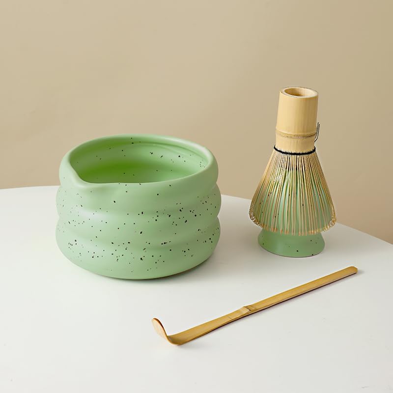 4pcs green ceramic matcha bowl with black speckles, perfect for matcha green tea, coffee, or as part of a matcha kit with whisk, sifter, and glass straws