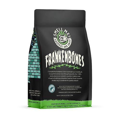 Bones Coffee Company Frankenbones Chocolate and Hazelnut Flavored Coffee, Medium Roast Low Acid Arabica Beans Compatible with Auto drip and French Press Coffee Maker, 12 Oz Ground