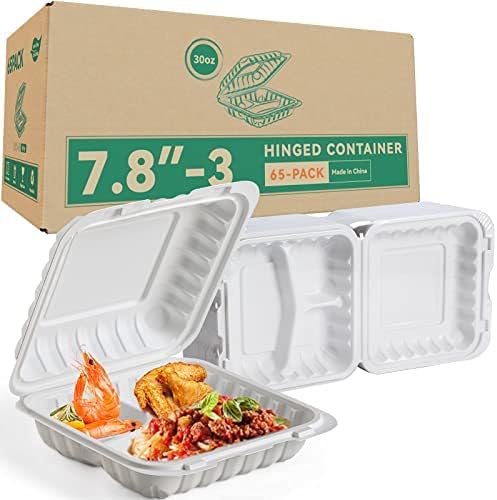 Food Containers Mineral Filled PP Plastic - 7.8 Inch 30oz 65 Pack BPA Free 3 Compartments Shrink Wrap To Go Boxes | Freezer & Microwave Safe for Takeout | White Reusable & Disposable Container