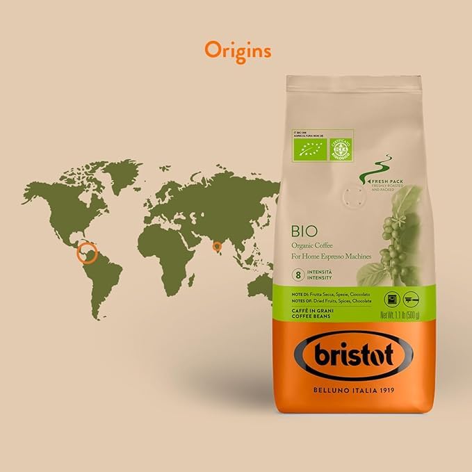 Bristot Bio Organic Italian Espresso Beans | Italian Whole Beans | Medium Roast | 1.1lb/500g