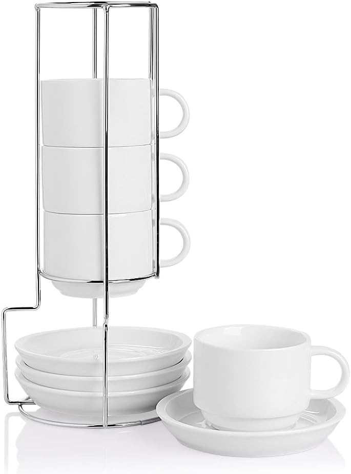 Sweejar Porcelain Cappuccino Cups with Saucers and Metal Stand, 8 Ounce Stackable Espresso Cups for Specialty Coffee Drinks, Latte, Americano, Tea - Set of 4 (White)