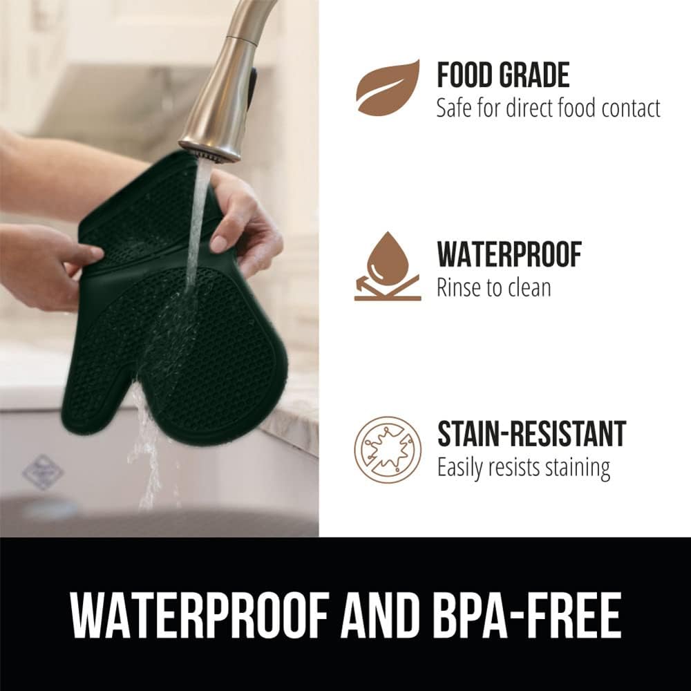 GORILLA GRIP BPA-Free Soft Silicone Oven Mitts, 14.5x8.3, Heat Resistant and Waterproof Cooking Gloves, Thick Cotton Lining, Flexible Gripping for Baking Grilling, Kitchen Potholders Set, Hunter Green
