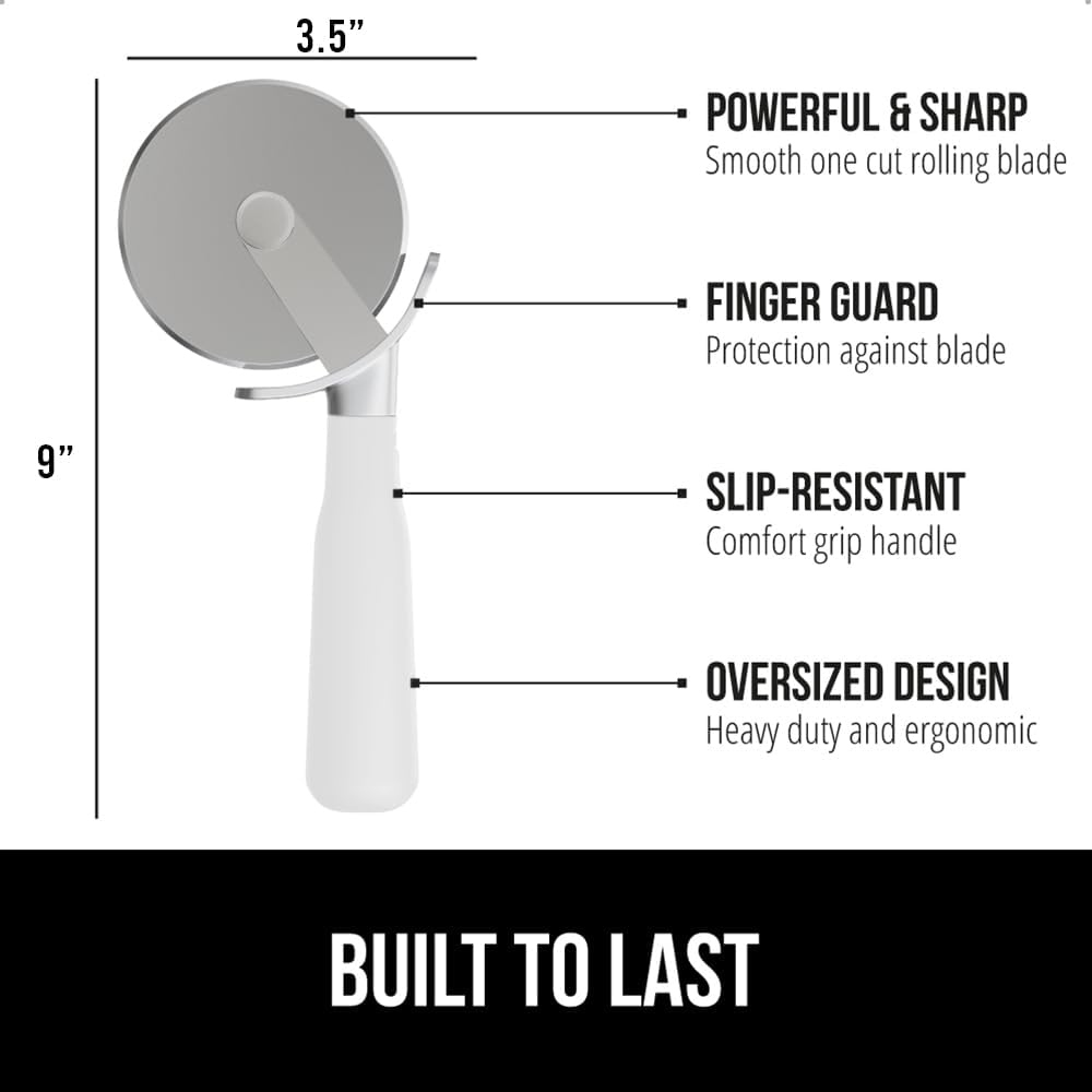 GORILLA GRIP BPA-Free Large Pizza Cutter Wheel, 9 Inch, Sharp Stainless Steel Blade, Slip Resistant Handle with Thumb Guard Protection, Slice Thick or Thin Pizzas, Pie, Pastries in Seconds, White