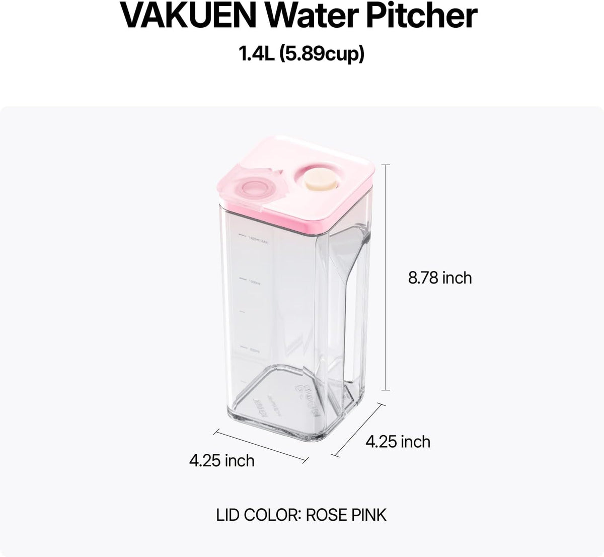 Premium Airtight Water Pitcher ROSE Pink lid, 1.4L(1.48qt) 1pcs, Airtight seal and Vacuum, Leak-free, BPA-free