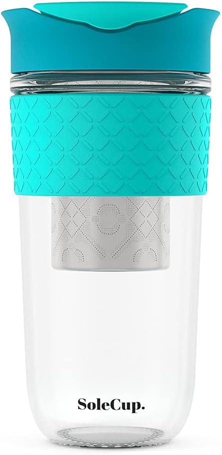 Large Travel Mug Loose Tea Infuser - Detachable Tea Strainer with Spill Proof Lid - 18oz/530ml BPA-Free Reusable Glass Travel Coffee Cup with Silicone Band (Pink) (Blue)