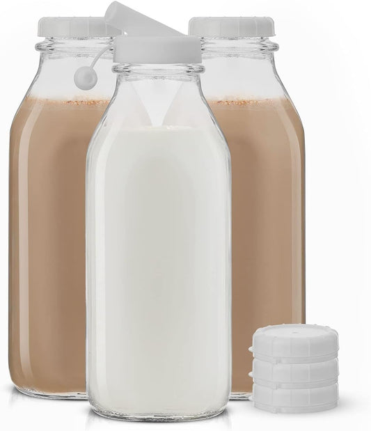JoyJolt Glass Milk Bottles with Lids and Pourer – 32 Oz, 3 Pack Airtight Heavy Duty Reusable Glass Bottles, Leakproof, BPA-Free, Food Grade, Dishwasher Safe Jug, Pitcher for Milk, Juice, and Water