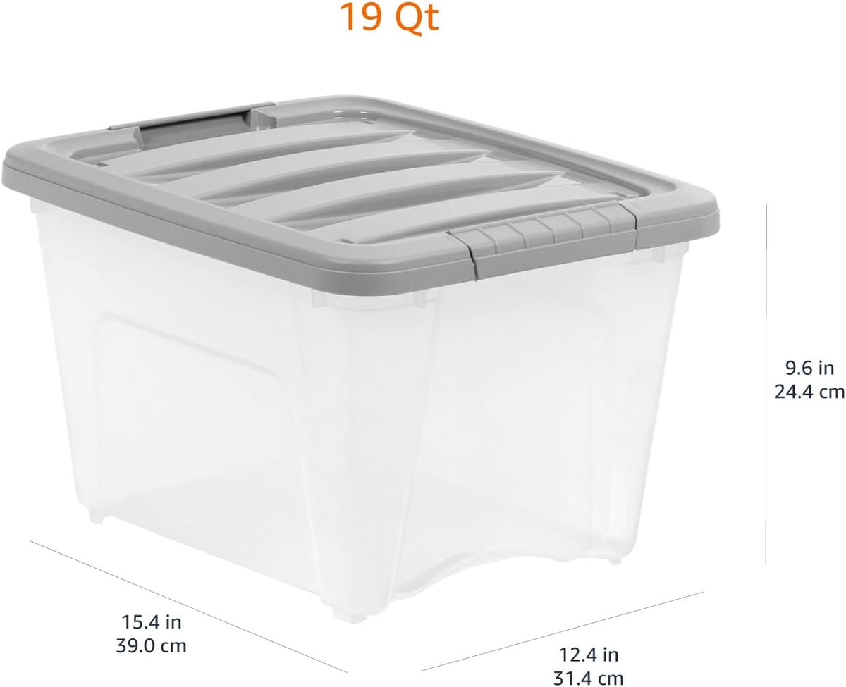 Amazon Basics Plastic Storage Containers with Secure Latching Lids, Stackable Organization Bins, Clear/Grey, 19 Quart, Set of 6