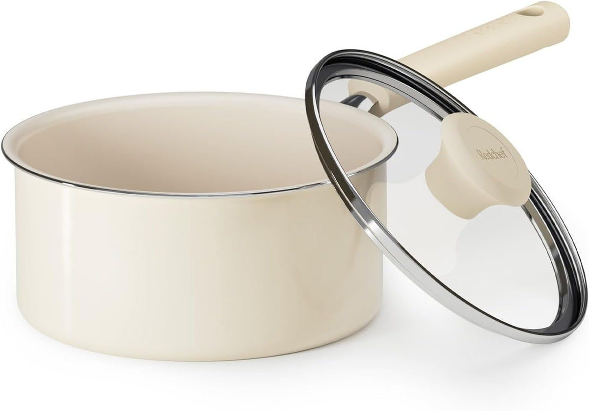 Redchef Ceramic Nonstick Saucepan with Lid, 2.5QT Small Cooking Pot, Non Toxic Sauce Pans for Kitchen, Cool Handle PFAS Free Compatible with All Cooktops, White