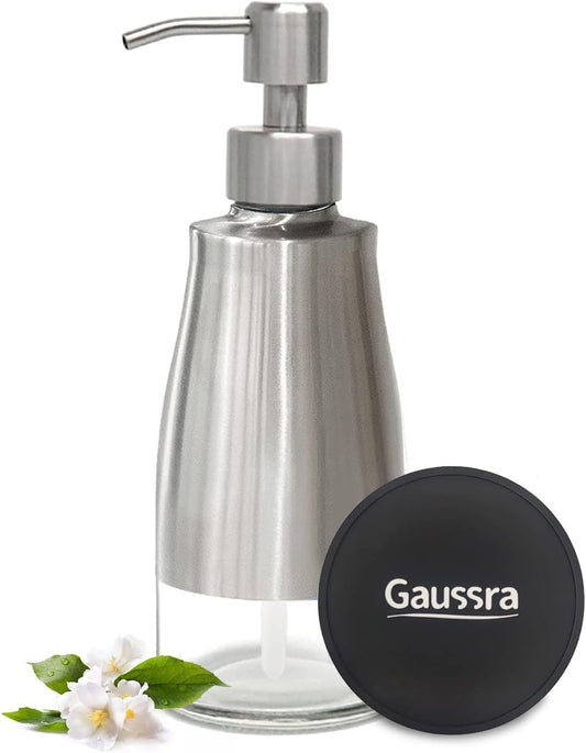 Soap Dispenser with Coaster and Stickers, Brushed Nickel Stainless Steel Case Glass Liner Hand Pump Dispenser, Refillable Liquid Hand Soap Dispenser for Bathroom & Kitchen (11OZ / 320ML)