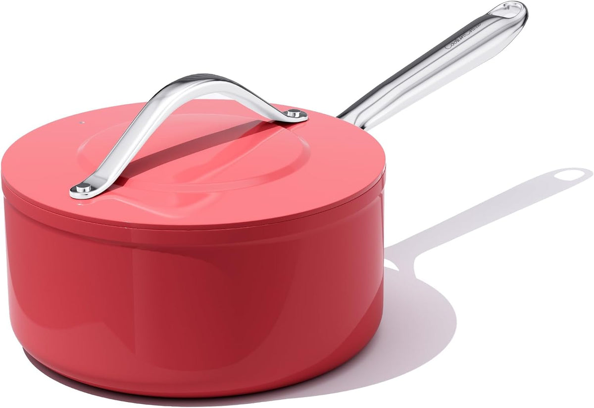 3.5qt Nonstick Ceramic Sauce Pan with Lid (8.19") Even Heat Distribution, Non Toxic & PFAS Free Healthy Cooking Pot for All Stovetops (Induction/Gas/Electric), Oven Safe 500°F, Fusion Red