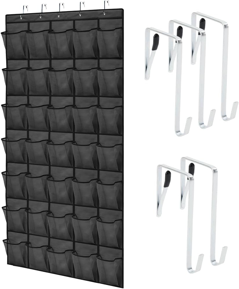 GORILLA GRIP Over the Door Shoe Organizer, 35 Large Breathable Mesh Pockets, Space Saving Hanging Storage Holder, 5 Hook Closet Rack Hanger, Hangs on Closets for Shoes, Accessories 68.5H x 24.5W Black