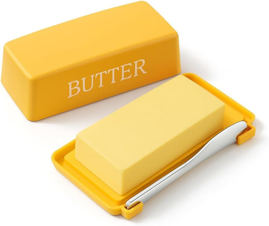 Butter Tray With Cover And Knife,Food Grade Plastic Butter Dishes With Lid And Stainless Steel Cheese Knife For Countertop,Yellow Cheese Storage Container