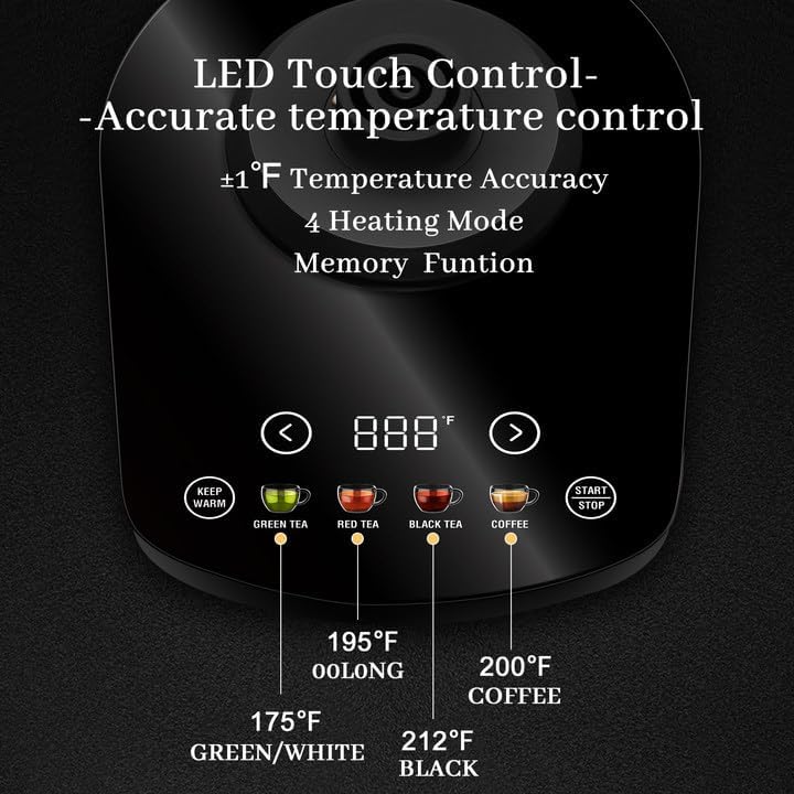 SEEDEEM Gooseneck Electric Kettle Full Touch Screen 1200W Electric Tea & Coffee Kettle with Four Heating Modes Rapid Heating,±1℉ Temperature Control，Keep Warm Mode,1L Electric kettle
