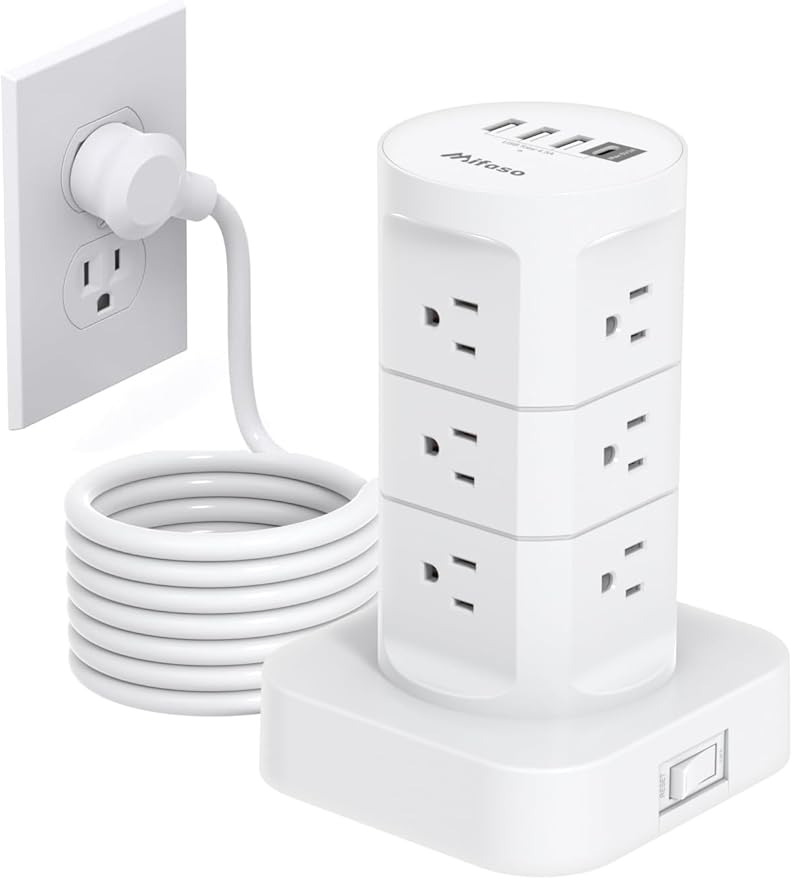 Tower Surge Protector Power Strip with 12 Outlets 4 USB (1 USB C), Mifaso Extension Cord with Multiple Outlets, 1800J Protection, Office Desk Supplies, Dorm Essentials
