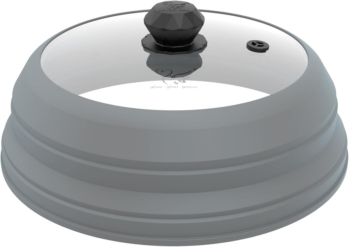 Microwave Splatter Cover Vented Glass Splatter Guard Lid with Collapsible Silicone for Food as Pot Cover Plate 9.8 inch Light Grey