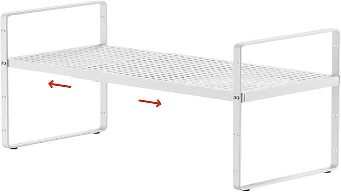 Expandable Cabinet Shelf Organizers, Stackable Metal Shelves Extender for Kitchen Countertop Storage, Adjustable Spices Shelves Rack Stand for Cupboard Pantry, White
