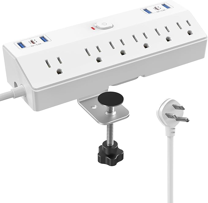40W Fast Charging Station, Desk Clamp Power Strip, JXGUCAT Removable Desk Clamp Mount Power Strip Surge Protector, 2 USB-C Ports, 6 AC Outlets and 10ft Cord, Fits 1.8" Tabletop Edge