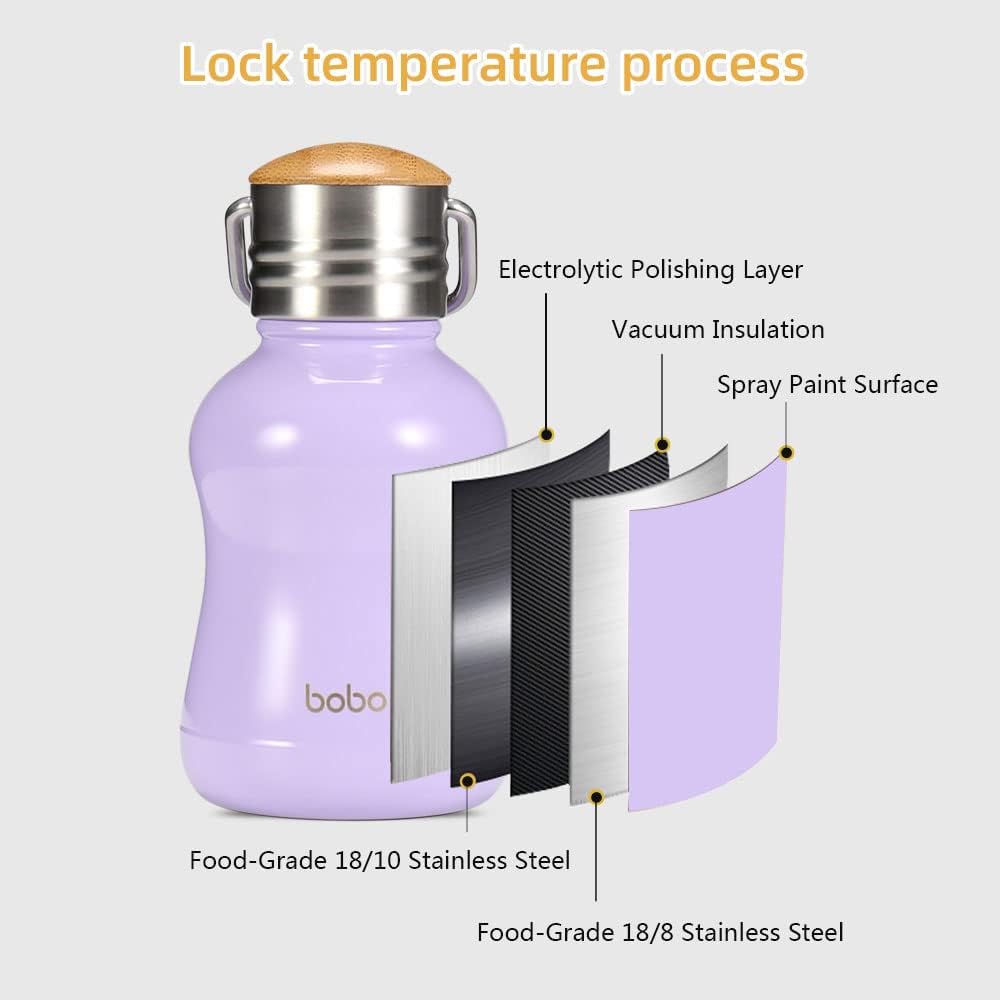 YOHKOH Mini Vacuum Insulated Water Bottle With Bamboo Lid - Stainless Steel Thermos Water Bottle for Women Girls Kids, Metal Sports Hot and Cold Water Bottle Leak-Proof BPA-Free (6.4oz,Violets)
