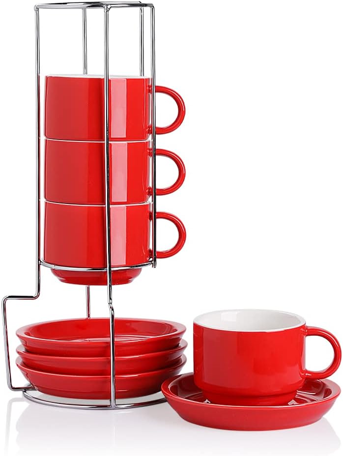 Sweejar Porcelain Cappuccino Cups with Saucers and Metal Stand, 8 Ounce Stackable Espresso Cups for Specialty Coffee Drinks, Latte, Americano, Tea - Set of 4 (Red)