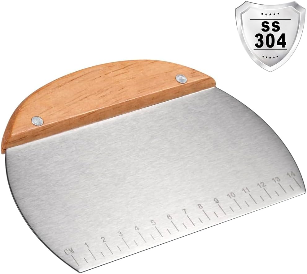 Kichwit 304 Stainless Steel Grill Scraper with Wood Handle, Pizza Dough Cutter, Multi-Purpose Scraper for Cooking, Scraper Tool Kitchen, 1 Pack