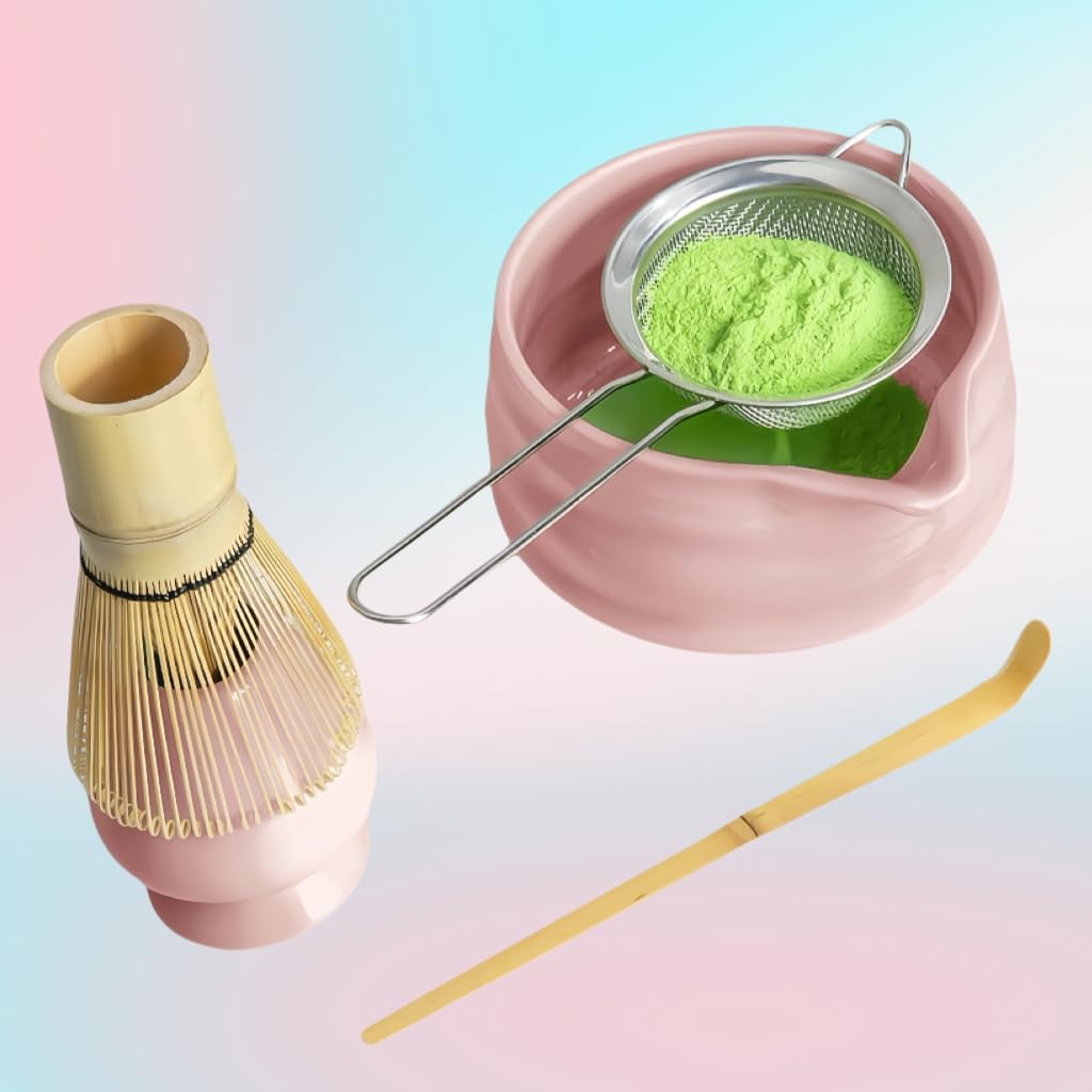 Cute Pink Matcha Whisk Set of 5 for Matcha Tea,Matcha Powder Kit（Bowl with Spout+bamboo Whisk and Holder+Strainer+Scoop）for Macha Starter Making Tools with Small Sifter Sieve Mixer Wisk Chasen Chawan