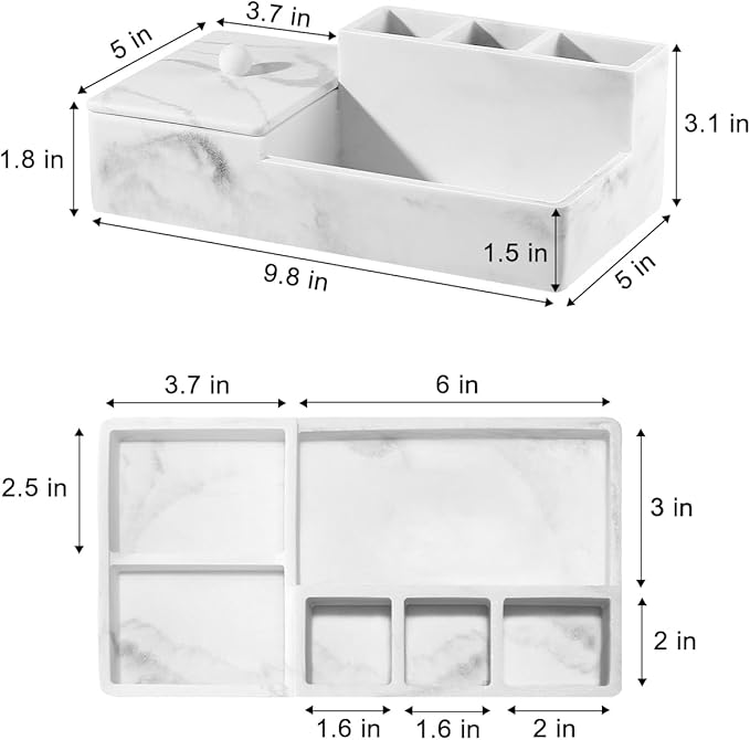 Luxspire Bathroom Counter Organizer, Marble Toothbrush Holder for Bathroom 6 Slot, Bathroom Vanity Organizer with Lid, Bathroom Organizer Countertop for Cotton Ball, Q-Tips, Floss, Gravel White