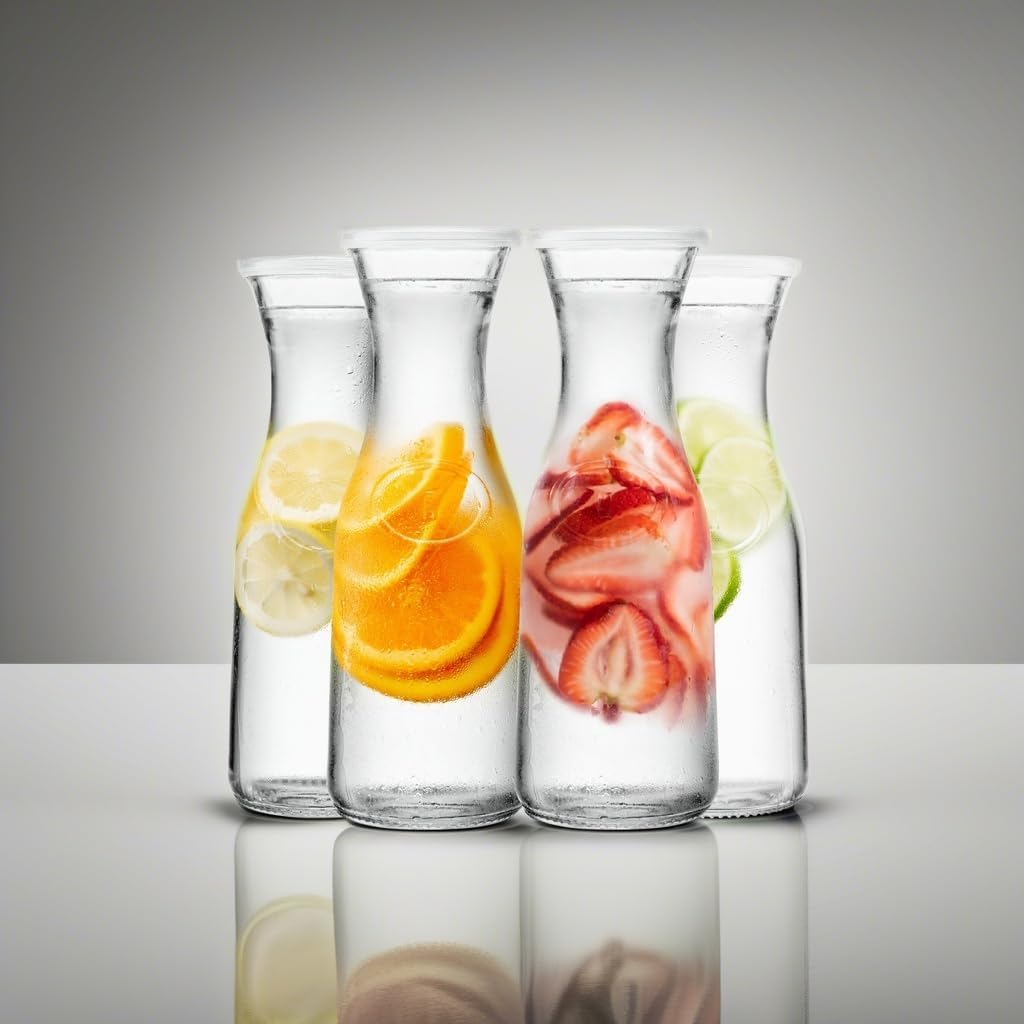 Kook Glass Carafe, Mimosa Bar Supplies, Carafe Pitchers with Lid, Glass Water Pitcher, Drink Dispensers for Parties, Tea, Wine, and Juice, Plastic Lids, Dishwasher Safe, 35 oz (set of 4)