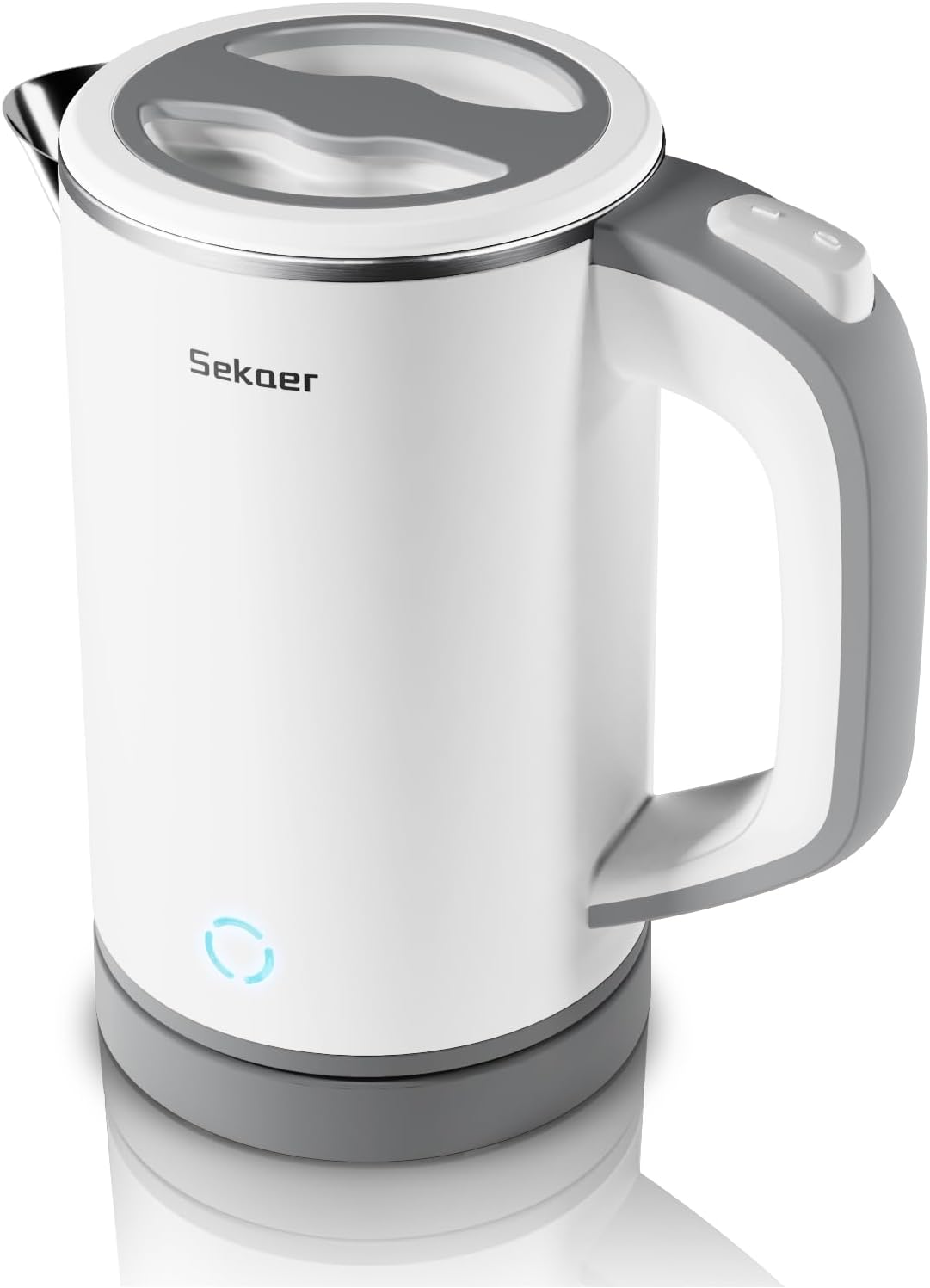 Sekaer Small Electric Tea Kettle Stainless Steel 0.8L Portable Travel Hot Water Boiler, Mini Electric Coffee Kettle with Auto Shut-Off & Boil Dry Protection, Cordless Base & White