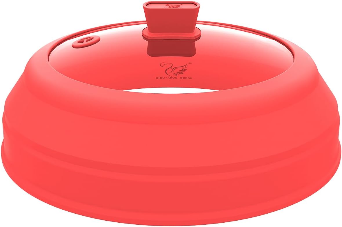 Microwave Splatter Cover Glass Splatter Guard Lid with Collapsible Silicone for Food Plate Cover 9 inch Red