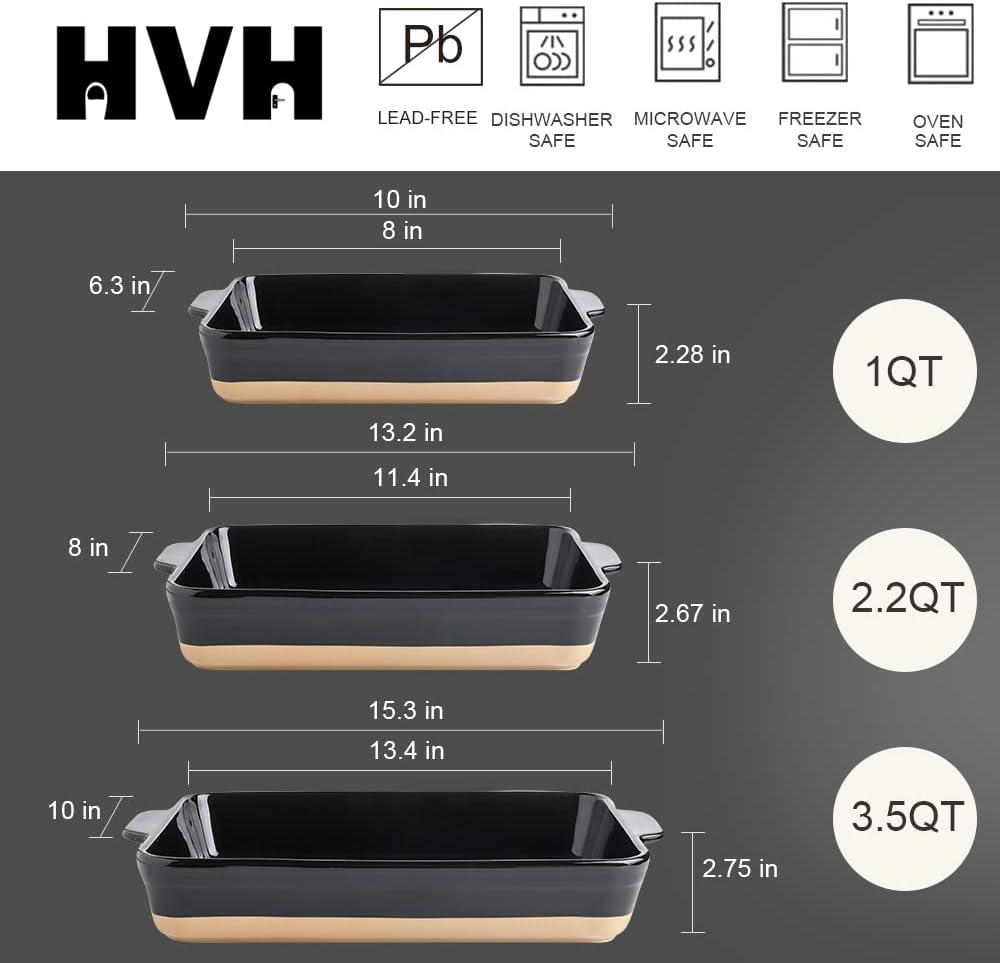 HVH Baking Dish Set, 9x13 Baking Dish, Ceramic Lasagne Pan Deep, Large Casserole Dish Set, Baking Dishes for Casseroles 13 x 9, Ceramic Bakeware Set of 3, Farmhouse Style (Black)