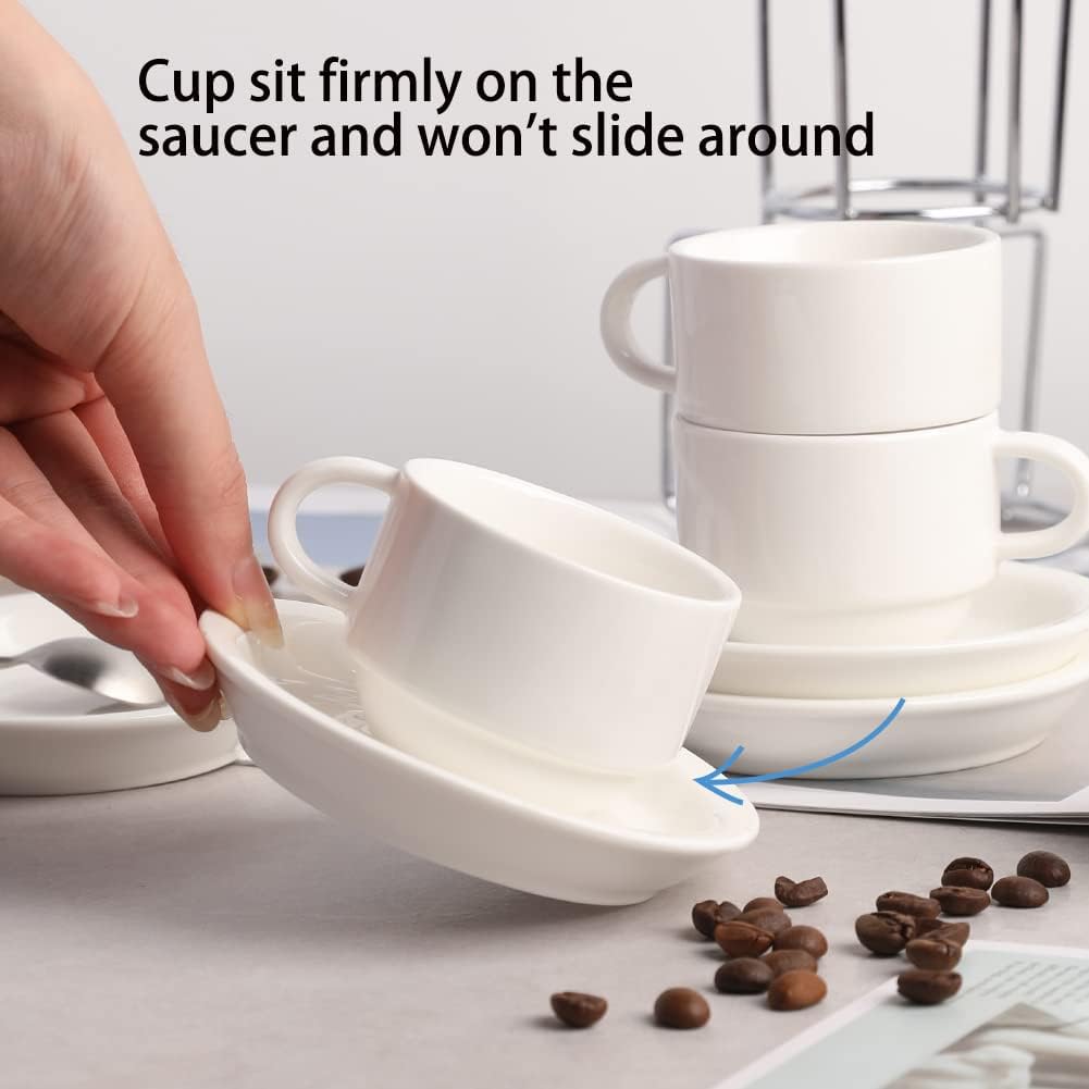 Sweejar Porcelain Espresso Cups with Saucers, 2.5 Ounce Stackable Cappuccino Cups with Metal Stand for Coffee Drinks, Latte, Tea - Set of 4 (Red)