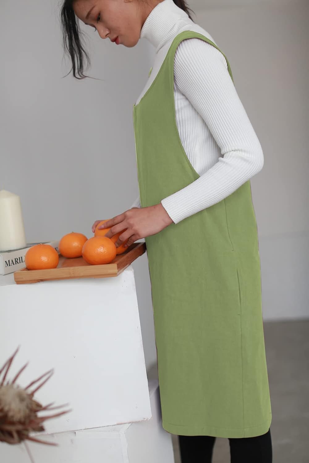 Cotton Linen Japanese Apron Halter Cross Back Bandage X Shape Aprons Two Pockets