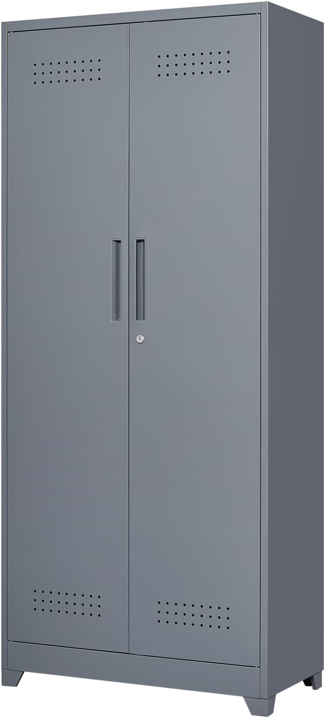 FLEXIMOUNTS 73'' Tall Metal Storage Cabinet with Locking Door, Large Cleaning Tool Organizer for Brooms, Garage, Laundry Room, Bathroom, Dark Grey