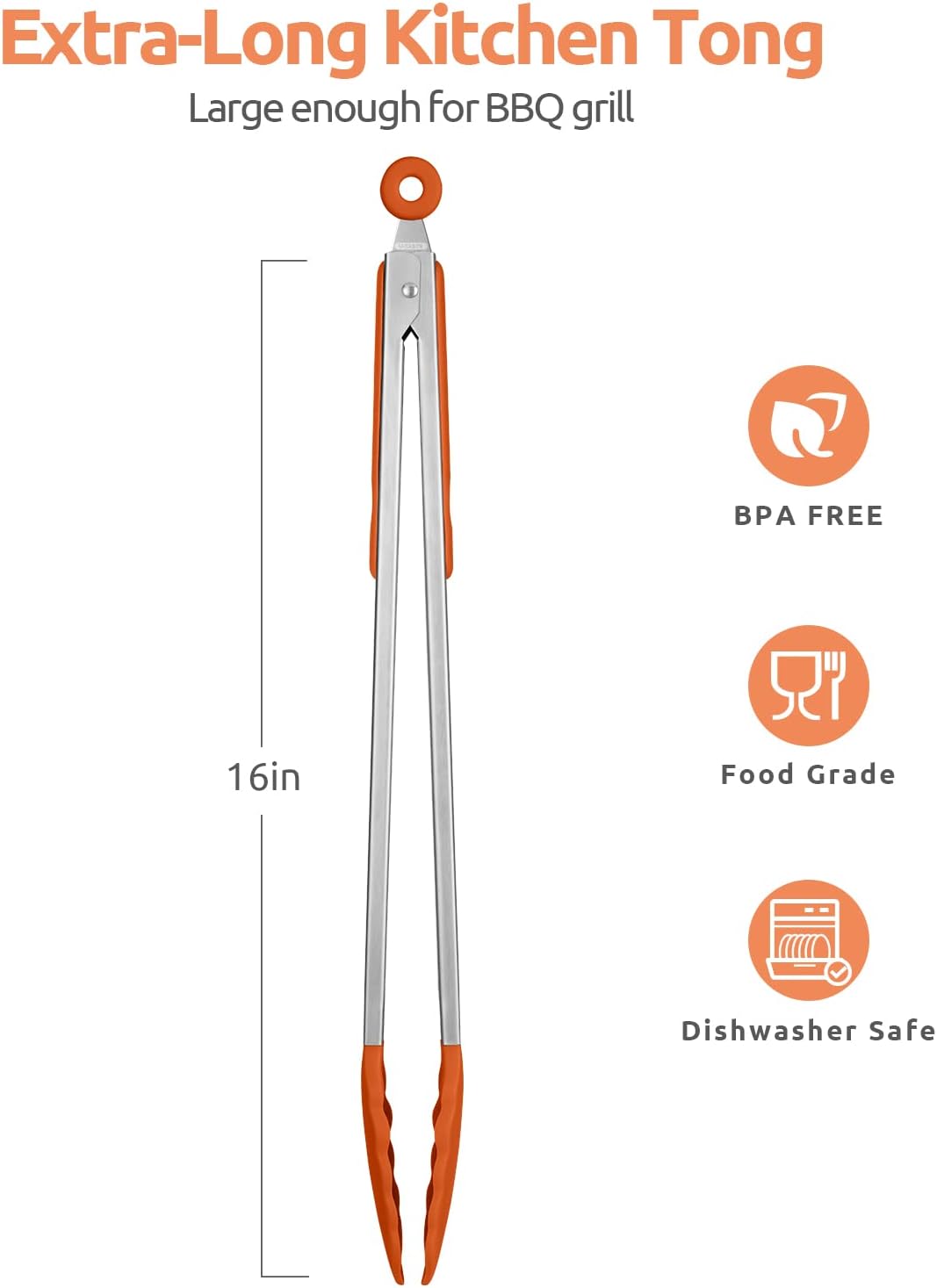 Heat Resistant Silicone Kitchen Tong: U-Taste 16 inch Extra Long Large 480ºF Hot Proof Cooking Tong with Sturdy Non Stick Rubber Tips & Non Slip Silicon Coated Steel Handle for Grilling BBQ (Orange)