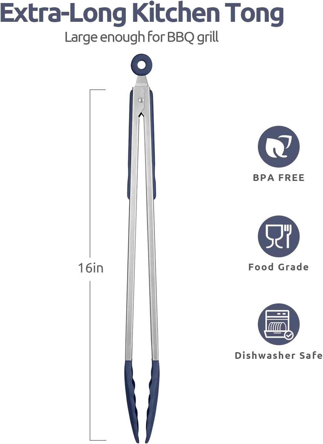 600ºF Heat Resistant Kitchen Tongs: U-Taste 16 in Extra Long Large Silicone Cooking Tong with Non Stick Rubber Tips & Non Slip Silicon Coated 18/8 Stainless Steel Handle for Grill BBQ (Midnight Blue)