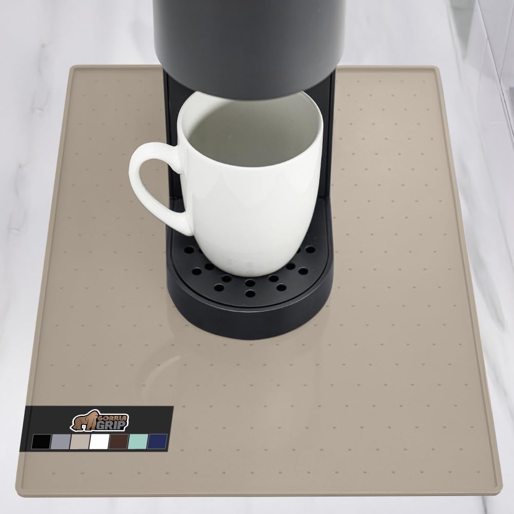 GORILLA GRIP Silicone Coffee Mat, Espresso Drink Bar Station Accessories, Waterproof Heat-Resistant Dish Drying Mats, Stay in Place on Kitchen Counter, Home Kitchen Decor Essentials, 10x14, Almond