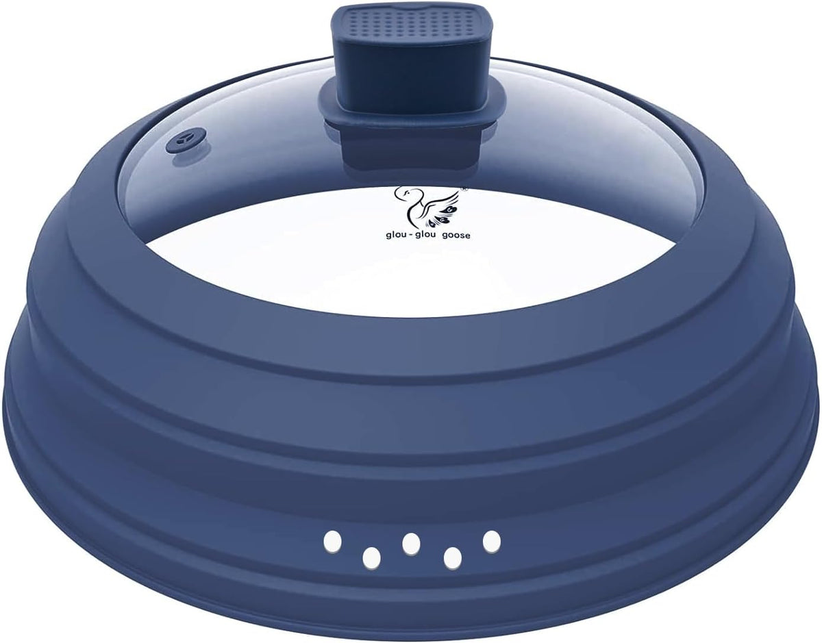 Microwave Splatter Cover Glass Guard Lid with Collapsible Silicone for Food Pot Plate Cover 9.8 inch Dark Blue