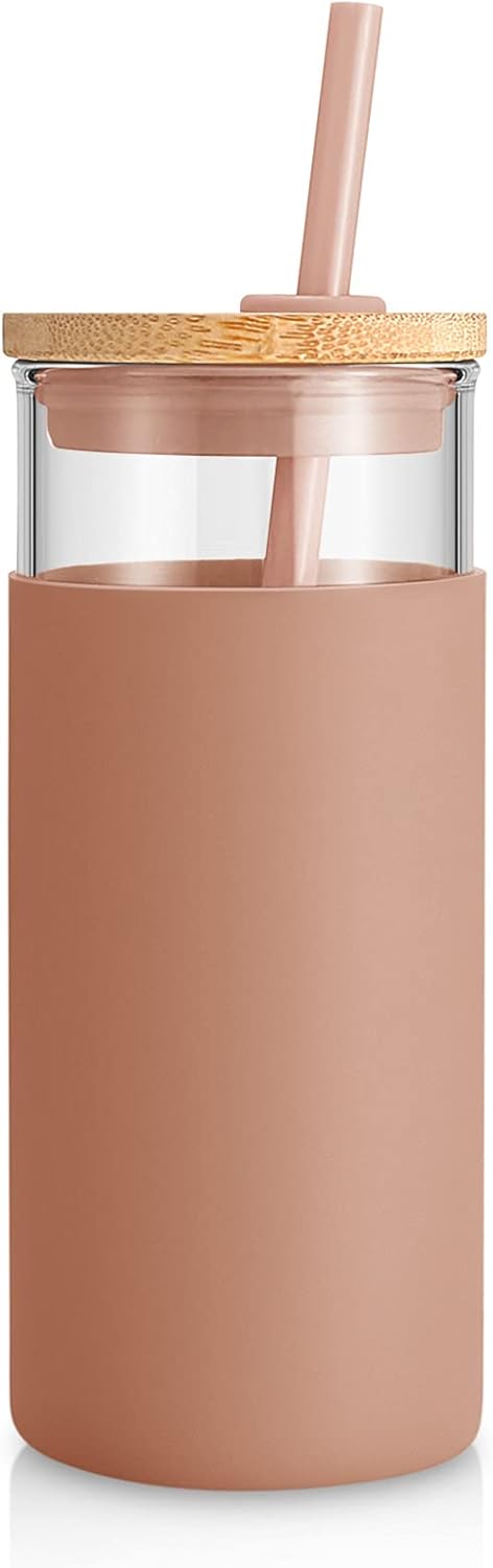 Tronco 20 oz Glass Tumbler with Lid and Straw, Reusable Iced Coffee Cup with Silicone Sleeve & Bamboo Lid, Smoothie Cup for Home, Office, for Father Men Day Gift from Wife Daughter Son (Coffee)