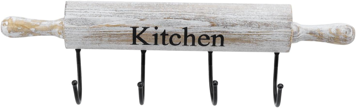 MyGift Wall Mounted Kitchen Utensil Rack, Rustic White Washed Wood Rolling Pin Cooking Tool Hanger with 4 Hooks for Aprons, Dish Towel, Mugs, Spoons