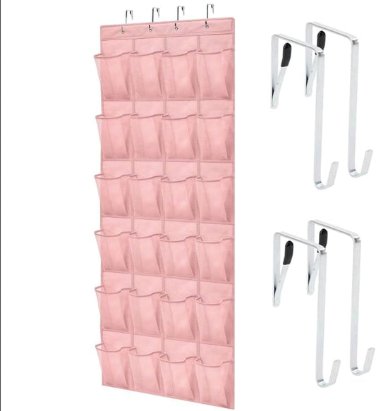 GORILLA GRIP Over the Door Shoe Organizer, 24 Large Breathable Mesh Pockets, Space Saving Hanging Storage Holder, Closet Rack Hanger Holds Up to 40 lbs, Hangs on Closets for Shoes, Accessories, Pink
