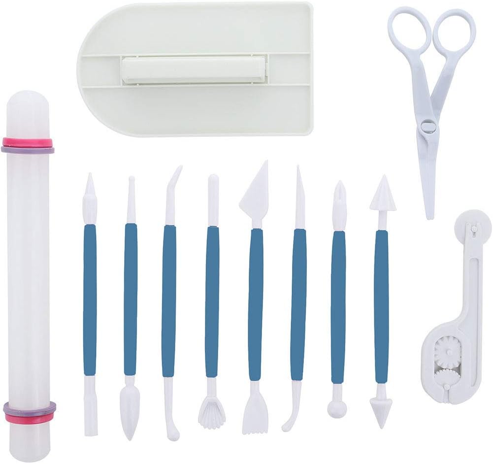 Marshmallow Fondant Cake Decorating Hand Tool 12 Pcs 5 Sets Sugarcraft Gumpaste Icing Smoother Rolling Pin Trimmer Cutter Embosser Flower Scissor Modelling Accessories Supplies Kit Blue