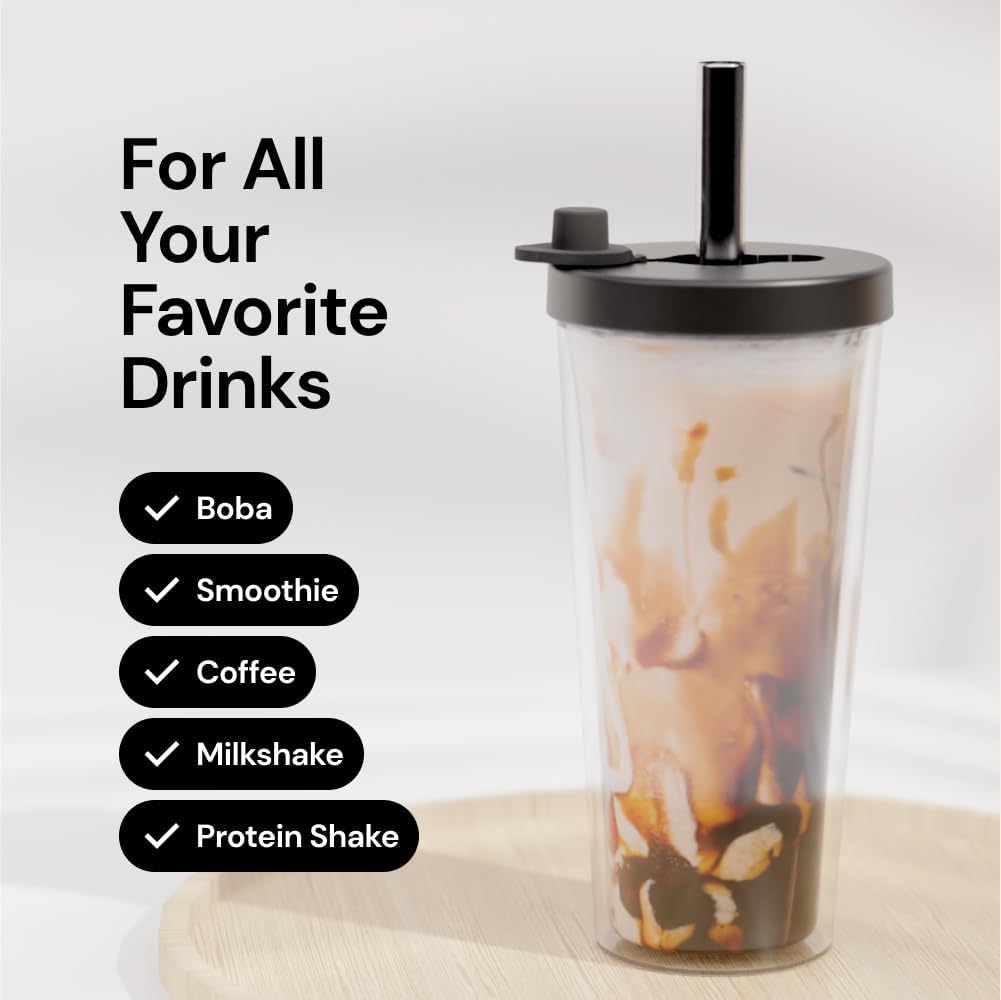 Dodoko Reusable Boba Cup and Straw Boba Tea Cup Bubble Tea Cup Reusable Iced Coffee Cup Cold Coffee Cup Smoothie Cup with Lid and Straw Smoothie Cup to go Smoothie Tumbler 17 oz - Night Black