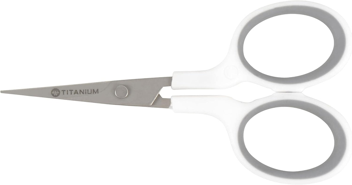 Westcott 4" Embroidery Scissors with Curved Titanium-Bonded Blades for Flush Trimming, Crafting, Sewing & More (White/Gray)
