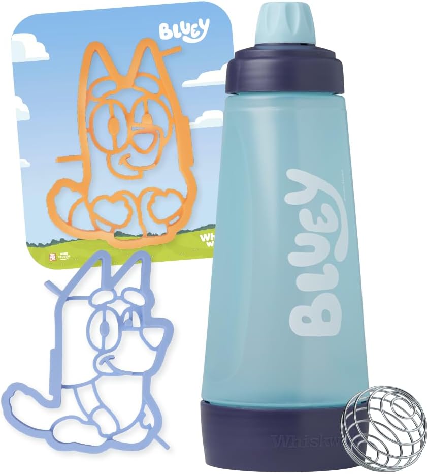 Whiskware Bluey Pancake Art Kit, 1 Batter Bottle, 2 Silicone Bluey and Bingo Pancake Molds, and 1 BlenderBall Wire Whisk, Durable, No-Mess Breakfast, BPA Free, Dishwasher Safe
