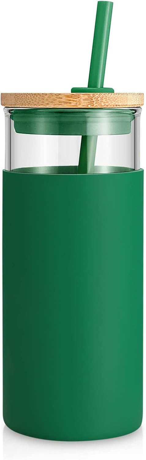 Tronco 20 oz Glass Tumbler with Lid and Straw, Reusable Iced Coffee Cup with Silicone Sleeve & Bamboo Lid, Smoothie Cup for Home,Office, for Father Men Day Gift from Wife Daughter Son (Blackish Green)
