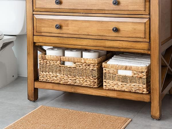 StorageWorks Large Rectangular Wicker Basket, Water Hyacinth and Seagrass Storage Basket with Built-in Handles, 1 Pack