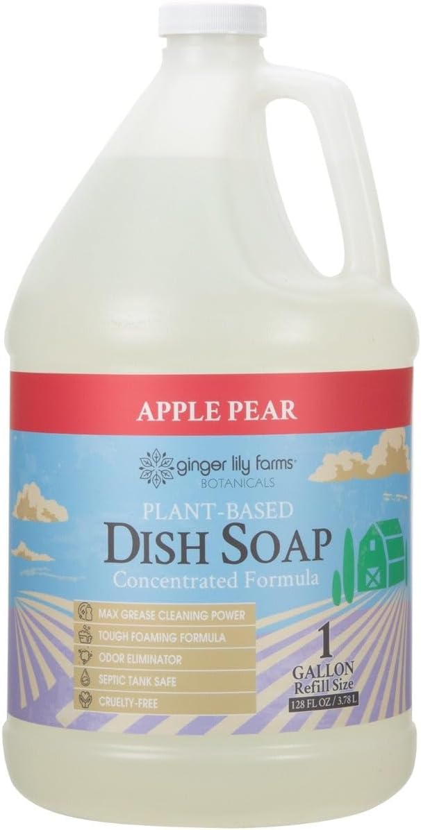 Ginger Lily Farms Botanicals Plant-Based Liquid Dish Soap, Concentrated Formula with Max Grease Cleaning Power, Cruelty-Free, Apple Pear Scent, 1 Gallon Refill (128 Fl. Oz.)