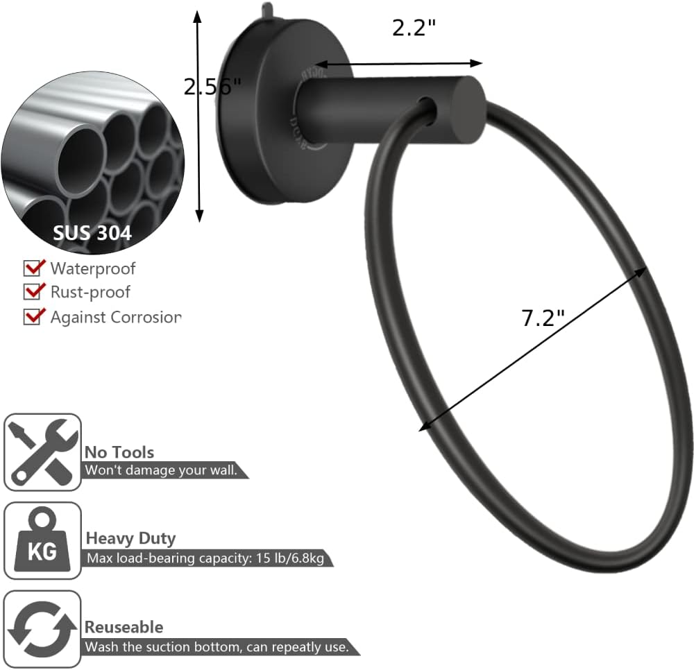 DGYB Suction Cup Towel Ring Matte Black Hand Towel Holder for Bathroom Wall SUS 304 Stainless Steel Kitchen Towel Hanger