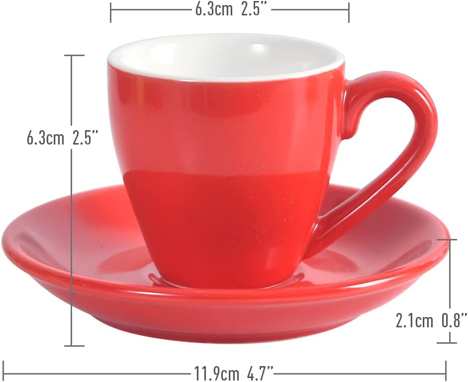 Porcelain Espresso Cup with Saucer And Stainless Steel mini Spoons, Espresso shot Cup, 80ml/2.7Oz, Pack of 2, Red